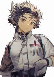 Rule 34 | 1boy, absurdres, animal ears, arknights, brown eyes, brown hair, cow boy, cow ears, cow horns, earrings, gloves, highres, horns, jewelry, looking at viewer, male focus, pen in pocket, shirt, sora (zwz030), sweatdrop, upper body, wan qing (arknights), white background, white gloves, white shirt