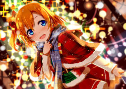 Rule 34 | 10s, 1girl, blue eyes, blush, bow, breath, brown hair, capelet, christmas lights, christmas ornaments, christmas tree, fur trim, gotyou, hair bow, kosaka honoka, looking at viewer, love live!, love live! school idol project, md5 mismatch, open mouth, ornament, plaid, plaid bow, santa costume, scarf, short hair, side ponytail, smile, snow, solo