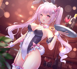 Rule 34 | 1girl, absurdres, alcohol, animal ears, bare shoulders, blush, bow, bowtie, breasts, covered navel, detached collar, fake animal ears, hair ornament, hairclip, highres, indoors, large breasts, leotard, long hair, looking at viewer, open mouth, original, pink bow, pink bowtie, pink eyes, pink hair, playboy bunny, rabbit ears, smile, solo, thighhighs, thighs, tray, twintails, two-tone leotard, white thighhighs, wrist cuffs, yuyuko (yuyucocco)