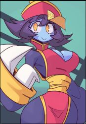 Rule 34 | 1girl, blue skin, breasts, claws, cleavage cutout, clothing cutout, colored skin, dkajart, hat, highres, large breasts, lei lei, looking to the side, pants, purple hair, short hair, sleeves past wrists, vampire (game), wide sleeves, yellow eyes