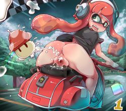 Rule 34 | 1girl, anus, ass, bangs, black shirt, blunt bangs, blush, bottomless, censored, checkered, checkered flag, domino mask, driving, drooling, embarrassed, excessive pussy juice, fangs, fat mons, flag, green eyes, ground vehicle, headphones, inkling, item box (mario), labia, looking back, mario kart, mask, motor vehicle, motorcycle, mushroom, nintendo, nose blush, number, object insertion, open mouth, pee, peeing, peeing self, puddle, pussy, pussy juice, pussy juice puddle, pussy juice trail, racetrack, racing, red hair, ryuno, saliva, scooter, shiny, shiny hair, shiny skin, shirt, sitting, sky, speed lines, splatoon (series), spread pussy, squid, straddling, suction cups, super mushroom, tears, tentacle hair, thick thighs, thighs, warp pipe, zipper, zipper pull tab