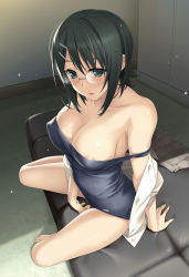 Rule 34 | 1girl, absurdres, areola slip, arm support, barefoot, between legs, black hair, blue eyes, breasts, collarbone, covered erect nipples, full body, glasses, grey skirt, hair ornament, hairclip, hand between legs, hashimoto takashi, highres, indoors, large breasts, one-piece swimsuit, open clothes, open shirt, parted lips, pleated skirt, rimless eyewear, school swimsuit, shirt, short hair, sitting, skirt, unworn skirt, solo, strap slip, swimsuit, swimsuit under clothes, unbuttoned, white shirt, yorihime nao, yosuga no sora