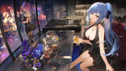Rule 34 | 2023, 2girls, absurdres, alcohol, animal ears, arm support, azur lane, bare arms, bare shoulders, black dress, blue hair, blush, bracelet, breasts, brown eyes, cat ears, cat tail, cleavage, couch, cup, dress, essex (azur lane), essex (craft fairytail) (azur lane), fireworks, flower, food, gloves, gold trim, halterneck, happy new year, hatsushimo (azur lane), hatsushimo (perennial joy) (azur lane), highres, holding, indoors, jewelry, kexue, logo, long hair, looking at viewer, looking away, medium breasts, multiple girls, necklace, new year, night, night sky, official alternate costume, official art, open mouth, pantyhose, pillow, pink hair, ponytail, red eyes, short dress, simple background, sky, sleeveless, sleeveless dress, smile, strapless, strapless dress, table, tail, window