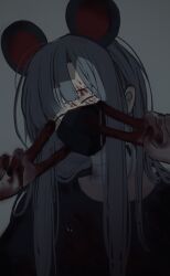 Rule 34 | 1girl, 8rk9, absurdres, animal ears, bandaged neck, bandages, black mask, black shirt, blood, blood on clothes, blood on face, blood on hands, closed eyes, commentary, dark, double v, facing viewer, fake animal ears, grey background, grey hair, hands up, highres, long bangs, long hair, long sleeves, mask, mouse ears, mouth mask, original, shirt, sidelocks, simple background, solo, straight hair, upper body, v