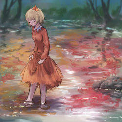 Rule 34 | 1girl, aki shizuha, autumn, barefoot, blonde hair, blurry, blurry background, brown dress, brown skirt, day, dress, closed eyes, from side, hair ornament, leaf hair ornament, long sleeves, outdoors, partially submerged, reflection, roke (taikodon), shadow, short hair, skirt, skirt hold, smile, solo, standing, touhou, wading, water