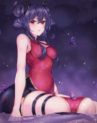 Rule 34 | 1girl, arknights, bare shoulders, black shorts, breasts, bug, butterfly, ch&#039;en (ageless afterglow) (arknights), ch&#039;en (arknights), china dress, chinese clothes, cleavage cutout, clothing cutout, double bun, dragon girl, dragon horns, dragon tail, dress, fage, hair bun, highres, horns, insect, medium breasts, official alternate costume, parted lips, partially submerged, purple hair, red dress, red eyes, shorts, sleeveless, sleeveless dress, solo, symbol-only commentary, tail, thigh strap
