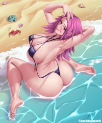Rule 34 | 1girl, ass, bare shoulders, barefoot, beach, bikini, blush, breasts, come hither, crab, fate/grand order, fate (series), francis drake (fate), from above, from behind, highres, large breasts, long hair, looking at viewer, looking back, looking up, pachpachpachi, pink hair, purple eyes, scar, scar across face, seashell, shell, shiny skin, sitting, smile, solo, swimsuit, thong, wariza, water