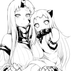 Rule 34 | 10s, 2girls, abyssal ship, bad id, bad twitter id, blush, breasts, claws, collar, detached sleeves, dress, greyscale, horns, kantai collection, large breasts, looking at viewer, mittens, monochrome, multiple girls, northern ocean princess, ribbed dress, seaport princess, shinsono shiroko, single horn