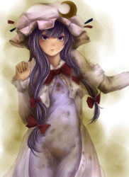 Rule 34 | 1girl, bad id, bad pixiv id, crescent, dirty, female focus, hat, kirieppa, long hair, patchouli knowledge, purple eyes, purple hair, simple background, smell, solo, touhou