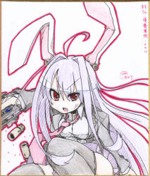 Rule 34 | 1girl, animal ears, artist name, rabbit ears, casing ejection, crescent, earlgrey, female focus, gun, handgun, long hair, long sleeves, necktie, open mouth, purple hair, red eyes, reisen udongein inaba, shell casing, shikishi, solo, touhou, traditional media, very long hair, weapon