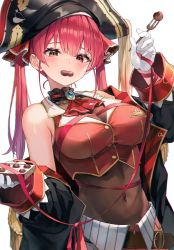 Rule 34 | 1girl, absurdres, ascot, belt, blush, breasts, chocolate, cleavage, covered navel, crop top, epaulettes, food, food in mouth, fork, hat, heterochromia, highres, holding, holding chocolate, holding food, holding fork, hololive, houshou marine, houshou marine (1st costume), jacket, large breasts, mouth hold, myung yi, off shoulder, pirate hat, red eyes, red hair, red ribbon, ribbon, see-through, see-through cleavage, single bare shoulder, solo, twintails, virtual youtuber, yellow eyes