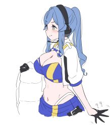 Rule 34 | 1girl, bandeau, black gloves, blue bandeau, blue eyes, blue hair, blue skirt, blue tube top, breasts, checkered clothes, cleavage, commentary request, cropped jacket, flat color, gloves, gotland (kancolle), half gloves, headphones, headset, highleg, highleg panties, jacket, kantai collection, large breasts, long hair, microphone, midriff, miniskirt, mole, mole under eye, panties, ponytail, race queen, shrug (clothing), sidelocks, skirt, solo, strapless, tamu (mad works), tube top, underwear, white jacket, white panties