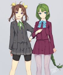 Rule 34 | 10s, 2girls, ahoge, alternate costume, blue eyes, braid, brown hair, dated, green hair, grey background, grey legwear, hair ribbon, hand on own hip, kagerou (kancolle), kantai collection, long hair, looking at viewer, mole, mole under mouth, multiple girls, open mouth, pantyhose, purple eyes, ribbon, rokuwata tomoe, school uniform, short hair, shorts, simple background, single braid, skirt, standing, twintails, very long hair, yuugumo (kancolle)