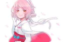 Rule 34 | 1girl, falling petals, fire emblem, fire emblem fates, hairband, japanese clothes, light smile, looking at viewer, nintendo, petals, pink eyes, pink hair, red hair, sakura (fire emblem), solo, twqk6, white hairband