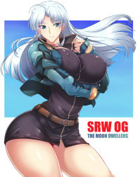 Rule 34 | 1girl, belt, breasts, calvina coulange, covered erect nipples, curvy, green eyes, haganef, large breasts, long hair, silver hair, solo, super robot wars, super robot wars judgement, super robot wars og moon dwellers, super robot wars original generation, thick thighs, thighs, wide hips