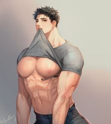 Rule 34 | 1boy, abs, bara, bare pectorals, black hair, black pants, clothes lift, grey shirt, highres, large pectorals, lifted by self, looking at viewer, male focus, muscular, muscular male, navel, nipples, original, pants, pectorals, pen, shirt, shirt lift, short hair, solo, ssong-ga, sweat, sweatdrop, teeth, twitter username