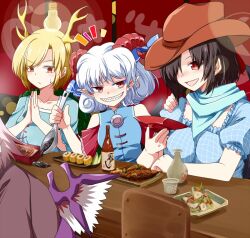 Rule 34 | 4girls, bird wings, black hair, black wings, blonde hair, blue shirt, blue vest, blush, bottle, bow, breasts, collarbone, cowboy hat, cup, detached sleeves, dragon girl, dragon horns, eyes visible through hair, food, hat, holding, holding cup, holding spoon, horn bow, horn ornament, horns, kicchou yachie, kurokoma saki, light bulb, looking at another, medium breasts, medium hair, multiple girls, mystia lorelei, orange eyes, palms together, patterned clothing, pink hair, pointy ears, red eyes, rise (rise19851203), sharp teeth, sheep girl, sheep horns, shirt, short sleeves, small breasts, smile, spoon, teeth, touhou, toutetsu yuuma, upper body, vest, white hair, wine bottle, wings