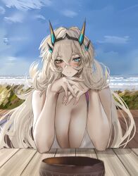 Rule 34 | 1girl, absurdres, bare shoulders, barghest (fate), barghest (swimsuit archer) (fate), barghest (swimsuit archer) (final ascension) (fate), beach, bikini, blonde hair, blue sky, breasts, cleavage, fate/grand order, fate (series), green eyes, highres, horns, huge breasts, long hair, looking at viewer, multicolored bikini, multicolored clothes, obazzotto, sky, smile, solo, swimsuit, white bikini