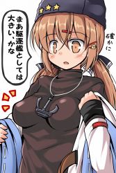 Rule 34 | 1girl, anchor, belt, blush, bow, breasts, brown eyes, brown hair, fur hat, hair between eyes, hair ornament, hairclip, hat, jacket, kantai collection, large breasts, long sleeves, looking at viewer, open mouth, papakha, shirt, simple background, solo, tashkent (kancolle), translation request, tsuzuri (tuzuri), twintails, white background, white jacket