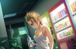 Rule 34 | 10s, 1girl, artist request, bottle, breasts, brown hair, camisole, ceiling, cleavage, drinking fountain, dutch angle, earrings, green eyes, hair over eyes, holding, holding bottle, idolmaster, idolmaster cinderella girls, idolmaster cinderella girls starlight stage, jewelry, kimura natsuki, light smile, looking at viewer, nail polish, official art, pink nails, plant, quiff, short hair, solo, stud earrings, sweat, tank top, tree, vending machine, water bottle, water cooler, wristband