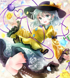 Rule 34 | 1girl, black bow, black hat, blood, bloody weapon, blouse, blush, boots, bow, breasts, brown footwear, buttons, collared shirt, commentary request, crystal, floral print, flower, flying, frills, green background, green eyes, green flower, green hair, green rose, green skirt, hair between eyes, hajike akira, hand up, hat, hat bow, heart, heart of string, highres, jewelry, juliet sleeves, knife, koishi day, komeiji koishi, leg up, long sleeves, looking at viewer, medium breasts, multicolored background, open mouth, petals, pink background, puffy sleeves, rose, rose print, shirt, short hair, skirt, smile, solo, teeth, third eye, tongue, touhou, weapon, wide sleeves, yellow background, yellow bow, yellow flower, yellow rose, yellow shirt