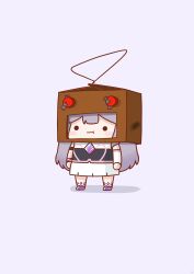 Rule 34 | 1girl, :|, absurdres, arms at sides, blush stickers, box, box on head, cardboard box, chest jewel, chibi, closed mouth, clothes hanger, dress, full body, gem, gradient hair, highres, hololive, hololive english, koseki bijou, koseki bijou (1st costume), lavender background, long hair, multicolored hair, phdpigeon, purple hair, robot costume, shadow, simple background, single arm guard, solid circle eyes, solo, standing, tape, virtual youtuber