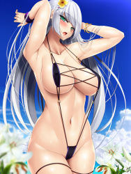 Rule 34 | 1girl, armpits, arms behind head, arms up, black one-piece swimsuit, black slingshot swimsuit, blurry, blush, bracelet, breasts, cleavage, cloud, collarbone, cowboy shot, day, depth of field, flower, green eyes, hair flower, hair ornament, inma kourin devil carnival, jewelry, large breasts, long hair, mikan (5555), navel, one-piece swimsuit, open mouth, outdoors, silver hair, sky, slingshot swimsuit, solo, strap gap, swimsuit