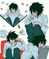 Rule 34 | 1boy, barefoot, black eyes, black hair, cake, cake slice, cellphone, chair, character name, commentary, cup, death note, flip phone, food, hair between eyes, hand on own knee, hand up, hands up, highres, holding, holding phone, knees up, l (death note), long sleeves, looking at viewer, macaron, parted lips, phone, plate, shirt, short hair, sitting, talking on phone, ttk211, white shirt