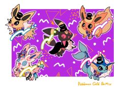 :d :o animal_focus animal_hands bad_tag black_cape black_eyes black_fur black_hat blue_eyes blue_fur border bow cape clothed_pokemon creatures_(company) fang fins fish_tail flareon flareon_(halloween) full_body game_freak gen_1_pokemon gen_2_pokemon gen_6_pokemon hat head_fins highres jolteon jolteon_(halloween) looking_at_viewer mini_hat mini_top_hat neck_fur nintendo no_humans nose_poke000 open_mouth orange_fur pink_fur pokemon pokemon_(creature) pokemon_cafe_remix purple_background purple_bow purple_eyes red_eyes shirt simple_background smile spiked_tail standing sylveon sylveon_(festive) tail top_hat umbreon umbreon_(halloween) vaporeon vaporeon_(halloween) white_border white_fur white_shirt yellow_fur