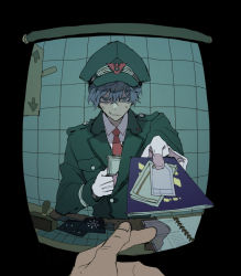 Rule 34 | 1boy, aki (abblim), biting own lip, blouse, blue hair, bribery, character request, collared shirt, copyright request, facing viewer, film grain, foreshortening, hair between eyes, hat, looking at viewer, military, military uniform, money, papers please, passport, peaked cap, shirt, uniform, white shirt