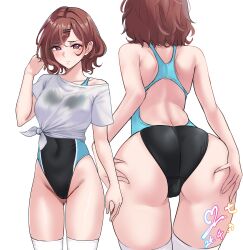 Rule 34 | 1girl, ass, blush, breasts, brown hair, cameltoe, commentary request, commission, competition swimsuit, covered navel, dated, gluteal fold, groin, highres, higuchi madoka, idolmaster, idolmaster shiny colors, looking at viewer, median furrow, medium breasts, mole, mole under eye, multiple views, one-piece swimsuit, partial commentary, pixiv commission, red eyes, revision, shirt, signature, simple background, swimsuit, thighhighs, tied shirt, two-tone one-piece swimsuit, white background, white shirt, white thighhighs, yoo tenchi