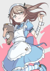 Rule 34 | 1girl, :d, apron, bandaged arm, bandages, blue bow, blue bowtie, blue skirt, boko (girls und panzer), bow, bowtie, brown hair, frilled apron, frilled skirt, frills, girls und panzer, grey eyes, hair between eyes, long hair, looking at viewer, maid, maid headdress, open mouth, puffy short sleeves, puffy sleeves, saiste, shimada arisu, short sleeves, simple background, sketch, skirt, smile, solo, stuffed animal, stuffed toy, teddy bear, two side up, white apron, wrist cuffs