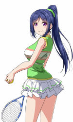 Rule 34 | &gt;:), 10s, 1girl, ball, blue hair, commentary request, frilled skirt, frills, from side, green scrunchie, hair ornament, hairclip, holding, holding ball, layered skirt, long hair, looking at viewer, love live!, love live! sunshine!!, matsuura kanan, miniskirt, polka dot, polka dot scrunchie, ponytail, purple eyes, racket, scrunchie, shirt, sidelocks, simple background, skirt, solo, sportswear, striped clothes, striped shirt, tennis ball, tennis racket, tennis uniform, v-shaped eyebrows, white background, yopparai oni