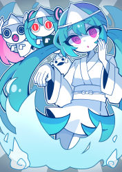 Rule 34 | 1other, 3girls, :o, absurdres, aimaina, aqua hair, black dress, black eyes, colored skin, commentary, cowboy shot, doushite-chan, dress, fangs, fire, fire, furrowed brow, ghost, ghost pose, grey background, hair ornament, hatsune miku, highres, japanese clothes, kimono, long hair, looking at viewer, multiple girls, obake no ukenerai (vocaloid), obi, open mouth, pink eyes, pink hair, pitanto, red eyes, ringed eyes, sash, slit pupils, twintails, very long hair, vocaloid, white kimono, white skin