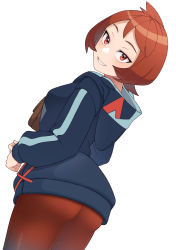 Rule 34 | 1girl, absurdres, arezu (pokemon), blue jacket, brown bag, brown eyes, brown hair, commentary request, creatures (company), game freak, gradient legwear, highres, hood, hood down, hooded jacket, jacket, kobaji, long sleeves, looking at viewer, looking back, nintendo, orange pantyhose, own hands together, pantyhose, parted lips, pokemon, pokemon legends: arceus, short hair, simple background, smile, solo, white background