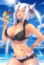 Rule 34 | 1girl, anchor, belt, bikini, blush, breasts, cleavage, cloud, cloudy sky, collarbone, commentary request, cowboy shot, dark-skinned female, dark skin, day, denim, denim shorts, drink, drinking straw, eyewear on head, groin, headgear, highres, jewelry, kantai collection, large breasts, looking at viewer, musashi (kancolle), nail polish, navel, necklace, non (nonzile), open mouth, outdoors, red eyes, short shorts, shorts, sky, solo, sunlight, swimsuit, water, wet, white hair