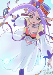 Rule 34 | 1girl, bis toratora, breasts, closed mouth, dated, dress, earrings, full body, grandia, grandia i, hat, highres, holding, holding staff, jewelry, liete (grandia), lipstick, long hair, long sleeves, looking at viewer, makeup, pantyhose, parted bangs, pointy ears, puffy long sleeves, puffy sleeves, purple hair, see-through, sidelocks, simple background, smile, solo, staff