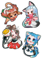 Rule 34 | &gt; o, 4girls, :3, animal ear fluff, animal ears, animal hands, black gloves, blue eyes, blue hair, blush, box, brown hair, cat ears, cat girl, cat tail, dress, fang, food, gloves, hachimaki, hair ribbon, headband, heart-shaped box, hime kake, holding, holding plate, japanese clothes, kantai collection, libeccio (kancolle), long hair, long sleeves, multiple girls, muneate, murakumo (kancolle), omelet, one eye closed, open mouth, pink scarf, plate, ponytail, ribbon, sailor collar, sailor dress, samidare (kancolle), scarf, school uniform, serafuku, silver hair, simple background, tail, tamagoyaki, tress ribbon, twintails, white background, wide sleeves, zuihou (kancolle)