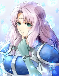Rule 34 | 1girl, aqua eyes, aqua gloves, armor, bracelet, breastplate, circlet, delsaber, elbow gloves, fingerless gloves, fire emblem, fire emblem: the blazing blade, florina (fire emblem), gloves, grey background, jewelry, light purple hair, lips, long hair, looking at viewer, low-tied long hair, nintendo, parted bangs, sidelocks, simple background, snowflakes, solo, teeth, upper body