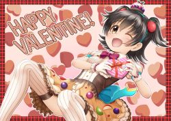 Rule 34 | 1girl, ;d, akagi miria, bead bracelet, beads, black hair, blush, box, bracelet, brown eyes, commentary request, dark-skinned female, dark skin, food-themed clothes, food-themed hair ornament, gift, gift box, gloves, hair between eyes, hair ornament, happy valentine, heart-shaped box, holding, holding gift, idolmaster, idolmaster cinderella girls, jewelry, one eye closed, open mouth, puffy short sleeves, puffy sleeves, regular mow, ribbed legwear, shirt, short sleeves, smile, solo, strawberry hair ornament, thighhighs, two side up, white gloves, white shirt, white thighhighs