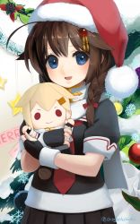 Rule 34 | &gt;:), 10s, 1girl, :d, ahoge, artist name, blue eyes, blush, braid, brown hair, chagen kokimu, character doll, christmas, christmas tree, commentary, cowboy shot, fingerless gloves, fur trim, garland (decoration), gloves, hair flaps, hair ornament, hair over shoulder, hair ribbon, hairpin, hat, highres, holding, kantai collection, looking at viewer, merry christmas, necktie, open mouth, pleated skirt, pom pom (clothes), red necktie, ribbon, santa hat, scarf, school uniform, serafuku, shigure (kancolle), short sleeves, single braid, skirt, smile, snowflakes, solo, star (symbol), twitter username, v-shaped eyebrows, yuudachi (kancolle)