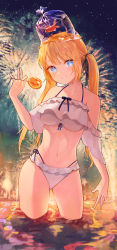 Rule 34 | 1girl, absurdres, bad id, bad twitter id, bikini, blonde hair, blue eyes, breasts, candy, collarbone, cowboy shot, fish on head, food, frilled bikini, frills, grin, halterneck, happyongdal, head tilt, highres, holding, hololive, hololive english, lollipop, looking at viewer, medium breasts, navel, off-shoulder bikini, off shoulder, side-tie bikini bottom, sidelocks, smile, solo, stomach, swimsuit, thighs, twintails, virtual youtuber, watson amelia, white bikini