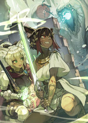 Rule 34 | 2girls, :d, absurdres, animal ears, battle, blood, breasts, brown eyes, brown hair, cape, fantasy, gauntlets, green eyes, grin, hide (hideout), highres, holding, holding sword, holding weapon, laurel crown, magic circle, medium breasts, monster, multiple girls, open mouth, original, ponytail, smile, sword, weapon, white hair