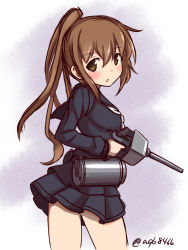 Rule 34 | 10s, 1girl, :o, a9b (louis814), black skirt, brown eyes, brown hair, depth charge, from behind, fumizuki (kancolle), highres, kantai collection, long hair, long sleeves, looking at viewer, looking back, neckerchief, pleated skirt, ponytail, sailor collar, school uniform, serafuku, skirt, solo, turret, twitter username, white neckerchief