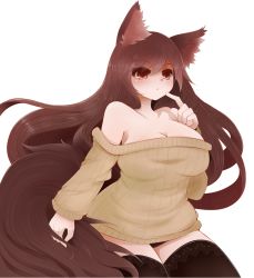 Rule 34 | 1girl, animal ears, arano oki, bare shoulders, black panties, black thighhighs, breasts, brown hair, cleavage, imaizumi kagerou, large breasts, long hair, panties, red eyes, ribbed sweater, simple background, solo, sweater, tail, thighhighs, touhou, underwear, white background, wolf ears, wolf tail