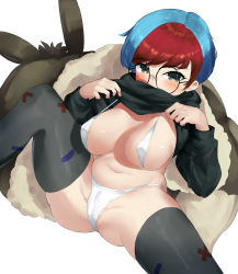 Rule 34 | 1girl, bikini, bikini under clothes, black-framed eyewear, black sweater, black thighhighs, blue hair, blush, breasts, brown coat, cameltoe, clothes lift, coat, covering own mouth, creatures (company), dantahi01, fur-trimmed coat, fur trim, game freak, glasses, green eyes, highres, knee up, large breasts, lifting own clothes, looking at viewer, multicolored hair, navel, nintendo, penny (pokemon), plump, pokemon, pokemon sv, red hair, round eyewear, short hair, sitting, skindentation, solo, spread legs, sweater, sweater lift, swimsuit, thighhighs, two-tone hair, unworn coat, white bikini