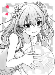 Rule 34 | 1girl, ball, beachball, bikini, breasts, closed mouth, flower, frilled bikini, frills, girls und panzer, hair flower, hair ornament, hair ribbon, halterneck, heart, holding, holding ball, leaning forward, long hair, looking at viewer, one side up, outline, petag2, polka dot, polka dot bikini, ribbon, shimada arisu, small breasts, smile, solo, swimsuit