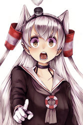 Rule 34 | &gt;:o, 1girl, amatsukaze (kancolle), brown eyes, collarbone, commentary request, gloves, hair between eyes, hair tubes, kantai collection, kurou (bcrow), lifebuoy, long hair, long sleeves, neckerchief, sailor collar, see-through, silver hair, simple background, solo, swim ring, two side up, upper body, v-shaped eyebrows, white background, white gloves, wide-eyed