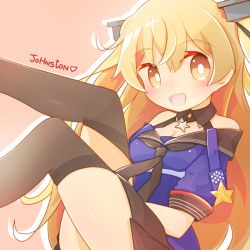 Rule 34 | 1girl, black skirt, black thighhighs, blonde hair, blue shirt, breasts, character name, cleavage, garter straps, johnston (kancolle), kantai collection, long hair, medium breasts, off shoulder, open mouth, orange eyes, pink background, pleated skirt, sailor collar, school uniform, serafuku, shirt, simple background, sitting, skirt, smile, solo, sora amaori, thighhighs, two side up, united states medal of honor