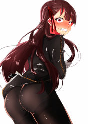 Rule 34 | 1girl, absurdres, ass, bad id, bad pixiv id, black pantyhose, blazer, blush, breasts, clenched teeth, embarrassed, girls&#039; frontline, gloves, hair ribbon, half updo, highres, huge filesize, jacket, large breasts, long hair, looking at viewer, necktie, one side up, open mouth, pantyhose, purple hair, red eyes, red necktie, ribbon, self hug, shiotafur, shirt, simple background, solo, sweatdrop, teeth, thighband pantyhose, trembling, tsurime, very long hair, wa2000 (girls&#039; frontline), white background